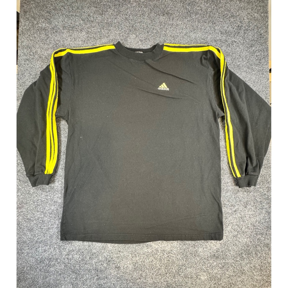 #154 Adidas Mens Vintage Long Sleeve T-Shirt Black Yellow Stripes XL RN 88387 - Picture 1 of 6
